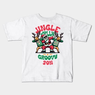 Son - Holly Jingle Jolly Groovy Santa and Reindeers in Ugly Sweater Dabbing Dancing. Personalized Christmas Kids T-Shirt